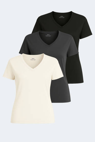 Slazenger PERICAS 3 lü Set Kadın Ekru - Koyu Gri - Siyah Tişört