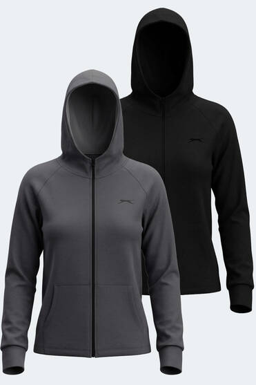 Slazenger VASCO 2 Lİ SET Kadın Fermuarlı Kapüşonlu Cepli Siyah - Koyu Gri Sweatshırt