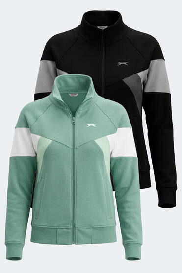 Slazenger VICTORY 2 li set Kadın Fermuarlı Dik Yaka Cepli Yeşil - Siyah Sweatshırt